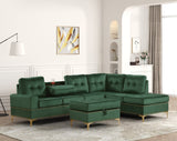 Front view of Anserra Green velvet reversible sectional sofa with storage ottoman