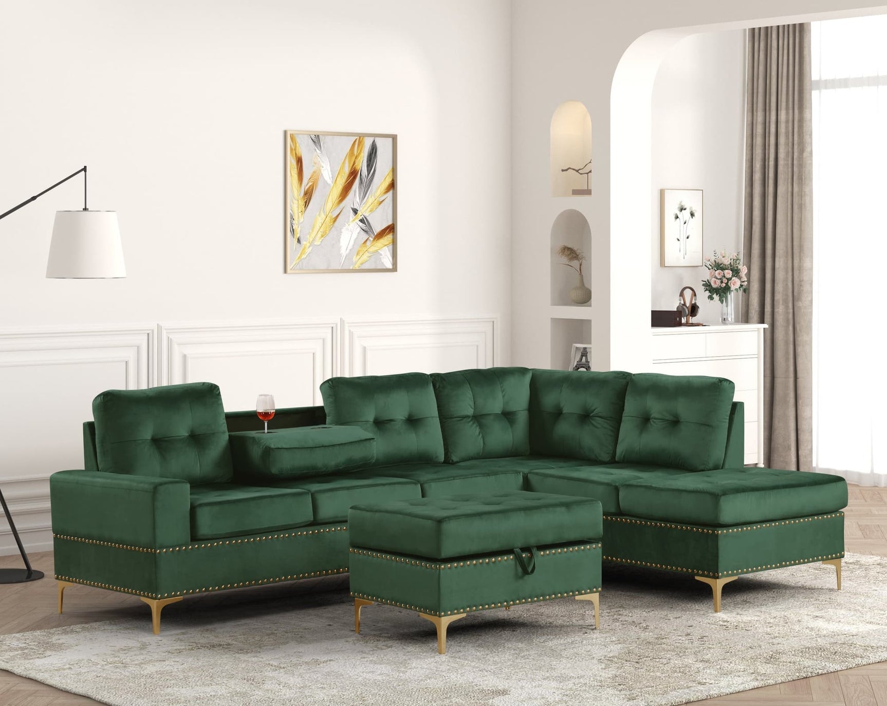Front view of Anserra Green velvet reversible sectional sofa with storage ottoman