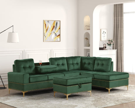Front view of Anserra Green velvet reversible sectional sofa with storage ottoman