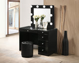 Morgan Luxo black vanity set front view with glass top and stool
