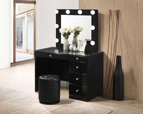 Morgan Luxo black vanity set front view with glass top and stool