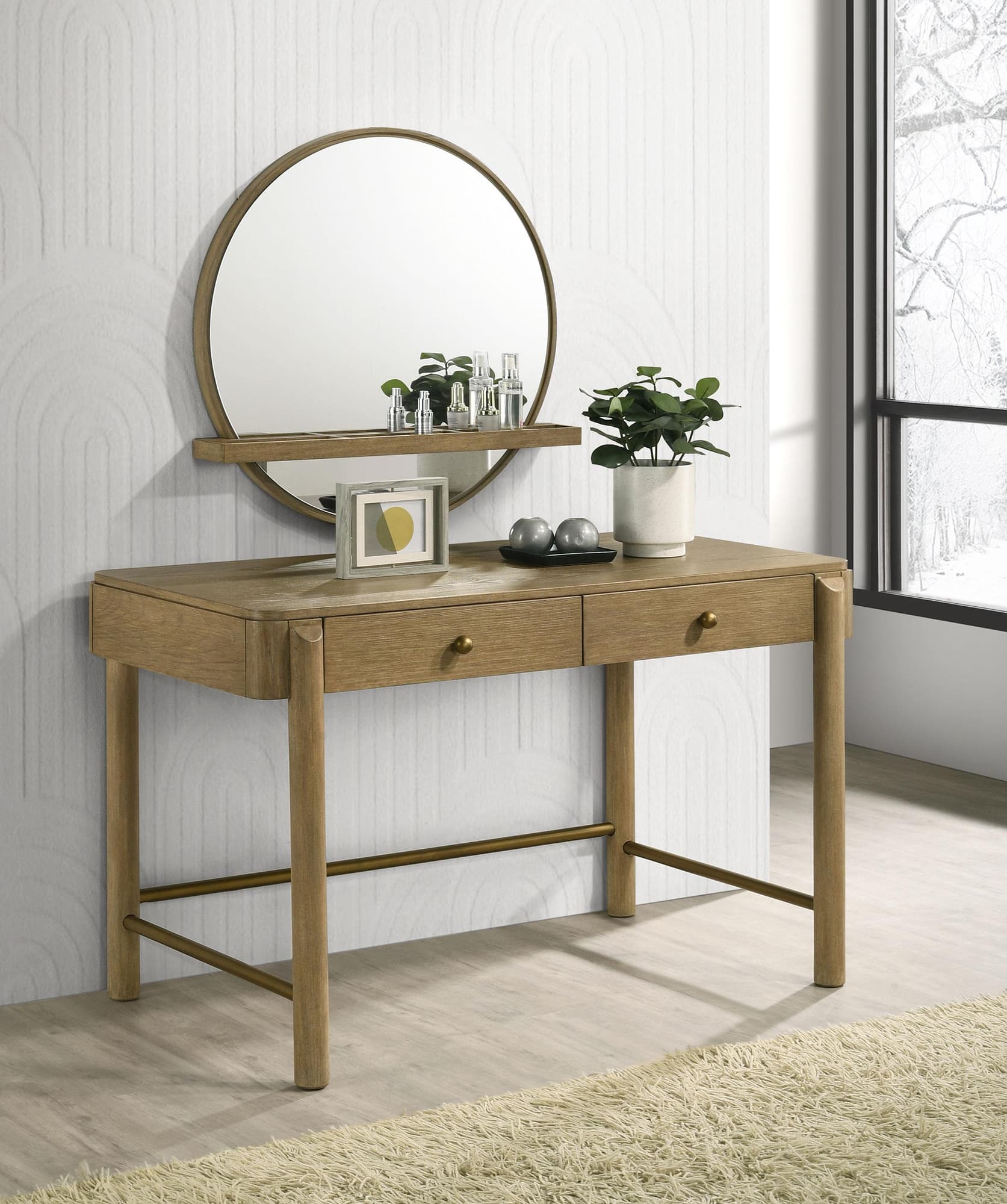 Arini makeup vanity table front view with two drawers in sand wash finish