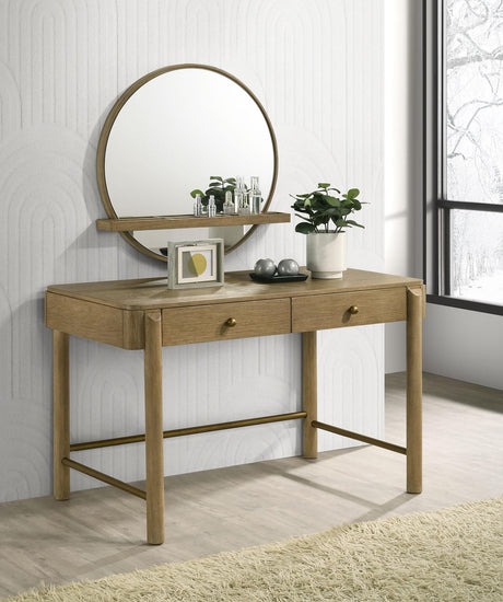 Arini makeup vanity table front view with two drawers in sand wash finish