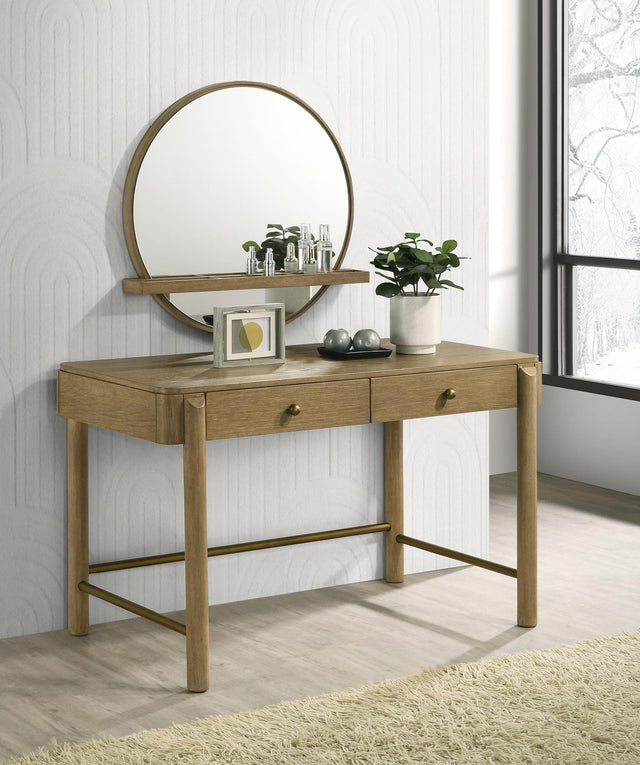 Arini makeup vanity table front view with two drawers in sand wash finish
