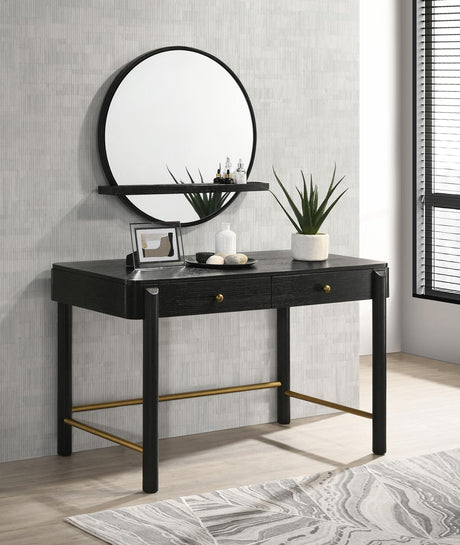 Arini 2-piece black makeup vanity table and round wall mirror set front view
