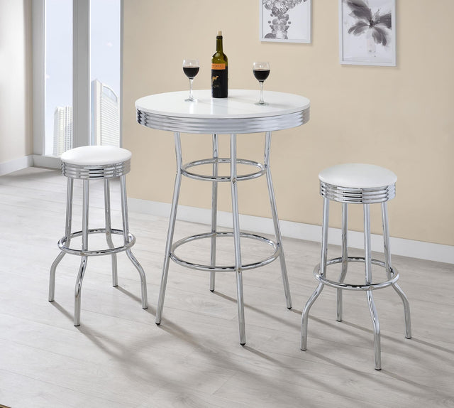 Retro Chrome 3-piece bistro pub bar table set with round white laminate top and chrome base