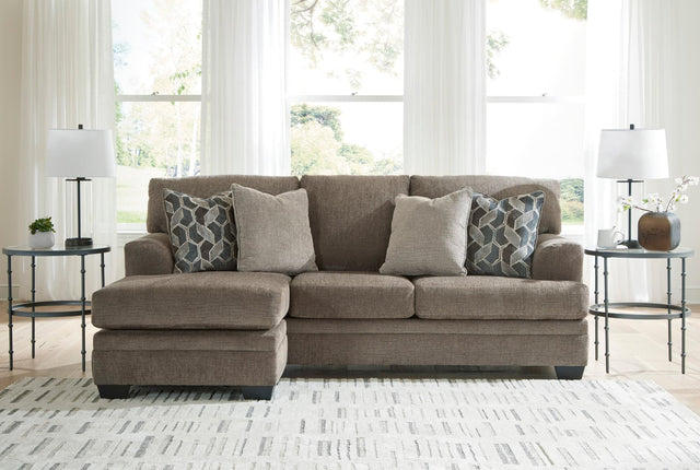 front view of Stonemeade sectional sofa in nutmeg polyester with chaise