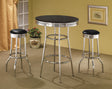Retro Chrome 3-piece round 1950s bistro pub bar table set with black leatherette stools