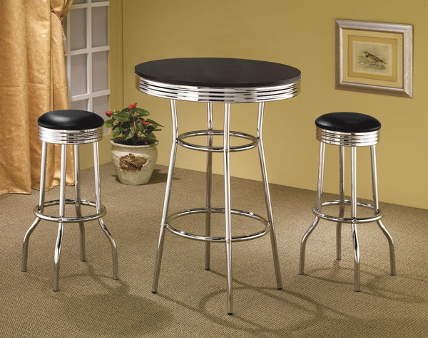 Retro Chrome 3-piece round 1950s bistro pub bar table set with black leatherette stools