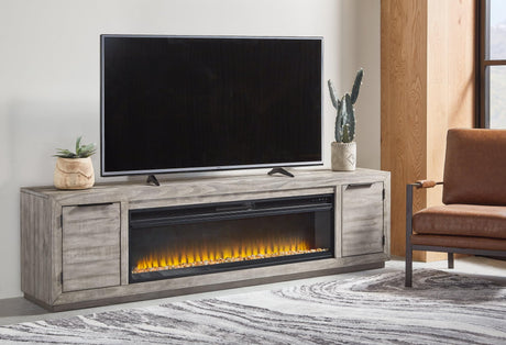 Naydell Gray 92 inch TV Stand with Electric Fireplace front view