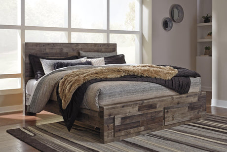 Derekson Multi Gray King Panel Bed front view with headboard and storage footboard