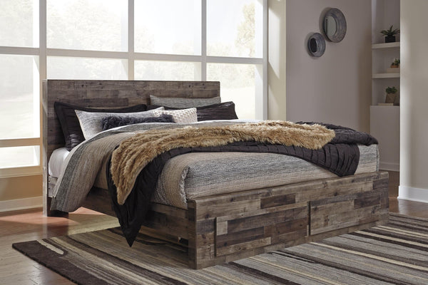 Derekson Multi Gray King Panel Bed front view with headboard and storage footboard