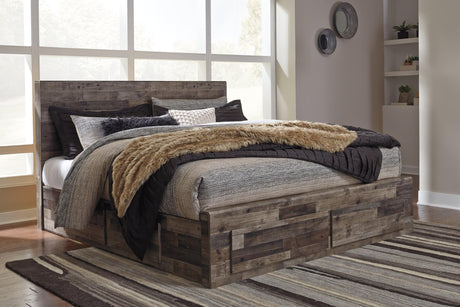 Derekson king panel bed multi gray front view with drawers