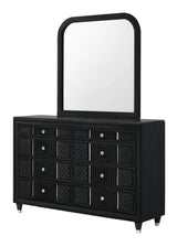 Armany Black Upholstered Dresser with glass top, front view