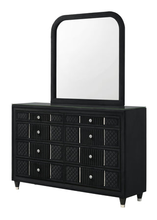 Armany Black Upholstered Dresser with glass top, front view