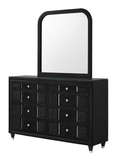 Armany Black Upholstered Dresser with glass top, front view