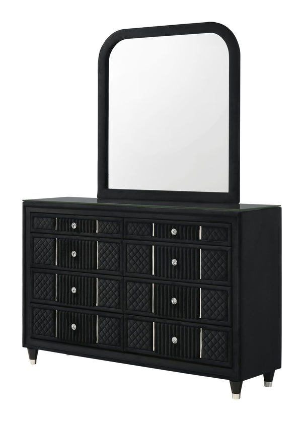 Armany Black Upholstered Dresser with glass top, front view