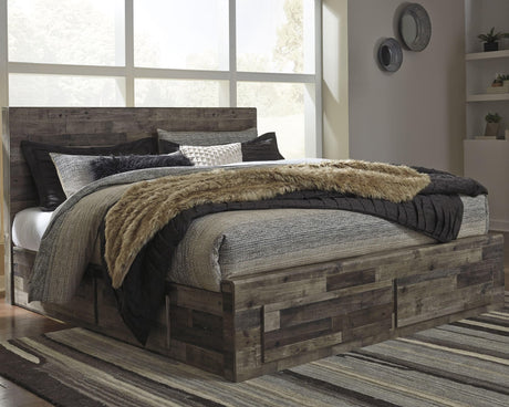Derekson Multi Gray King Panel Bed front view with headboard and storage drawers