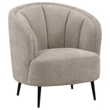 Ellorie beige upholstered channel back curved accent chair front view