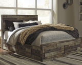 Derekson Multi Gray Queen Panel Bed front angle with storage drawers