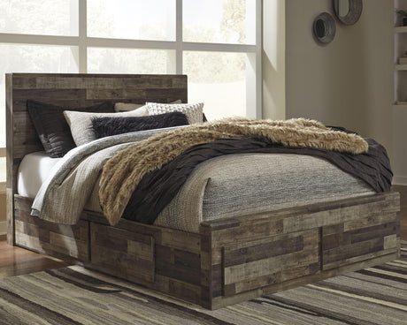 Derekson Multi Gray Queen Panel Bed front angle with storage drawers