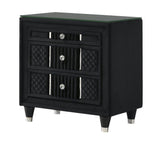 Armany black upholstered nightstand front angle showing glass top