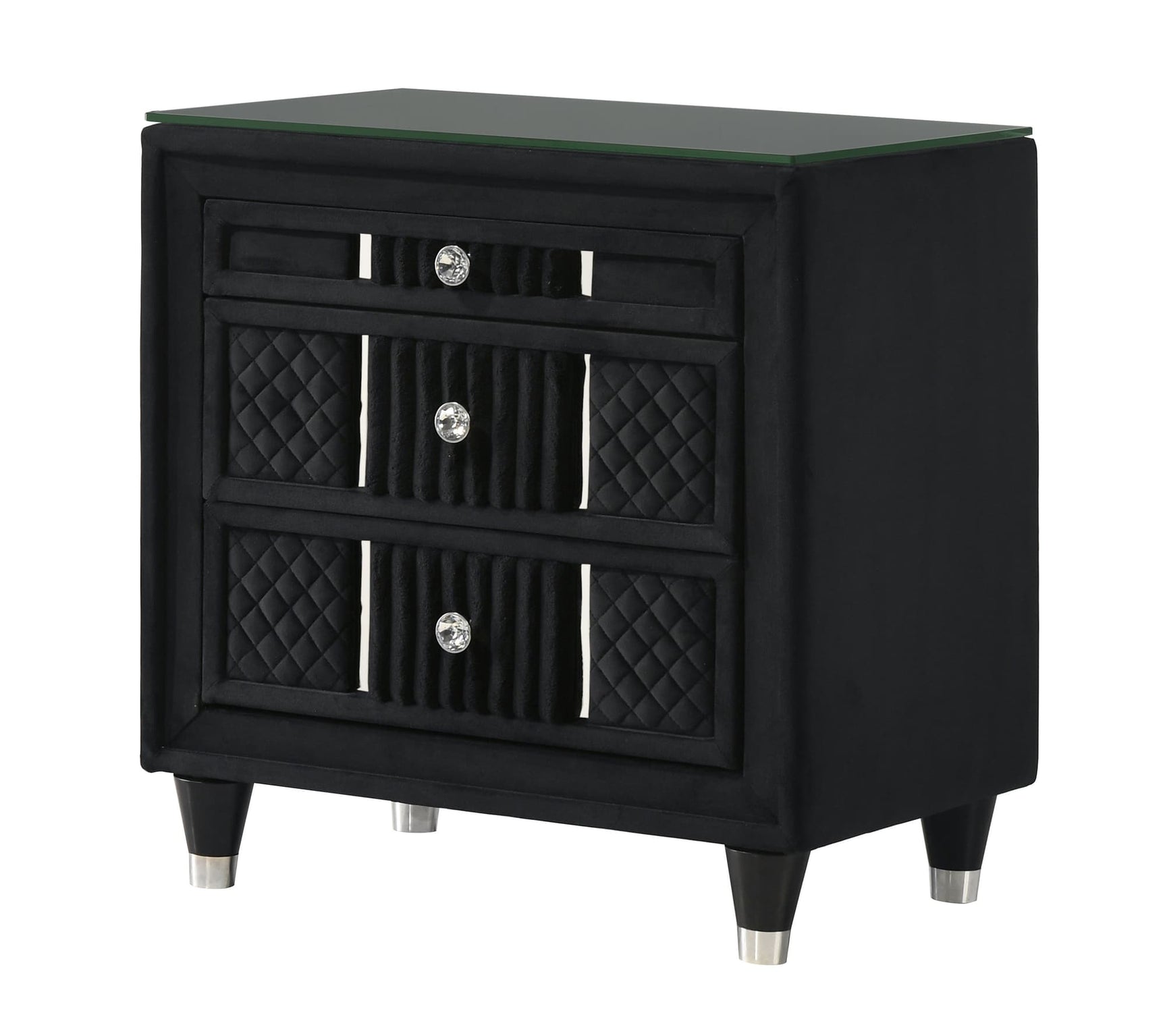 Armany black upholstered nightstand front angle showing glass top
