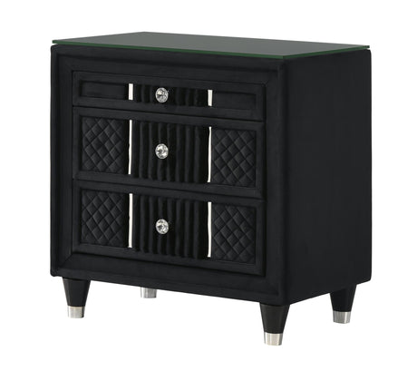 Armany black upholstered nightstand front angle showing glass top