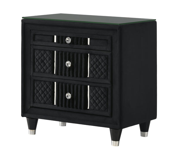 Armany black upholstered nightstand front angle showing glass top