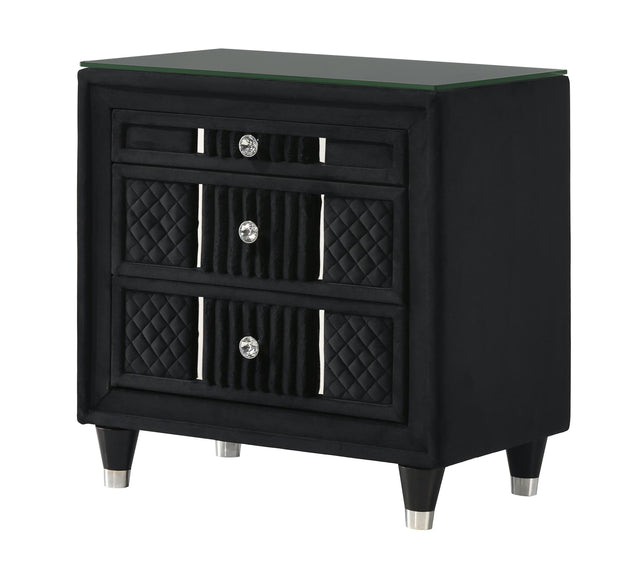 Armany black upholstered nightstand front angle showing glass top