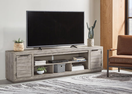 Naydell Gray 92-inch TV Stand angled closed view