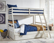 Robbinsdale Antique White Twin Over Full Bunk Bed with Storage front angle