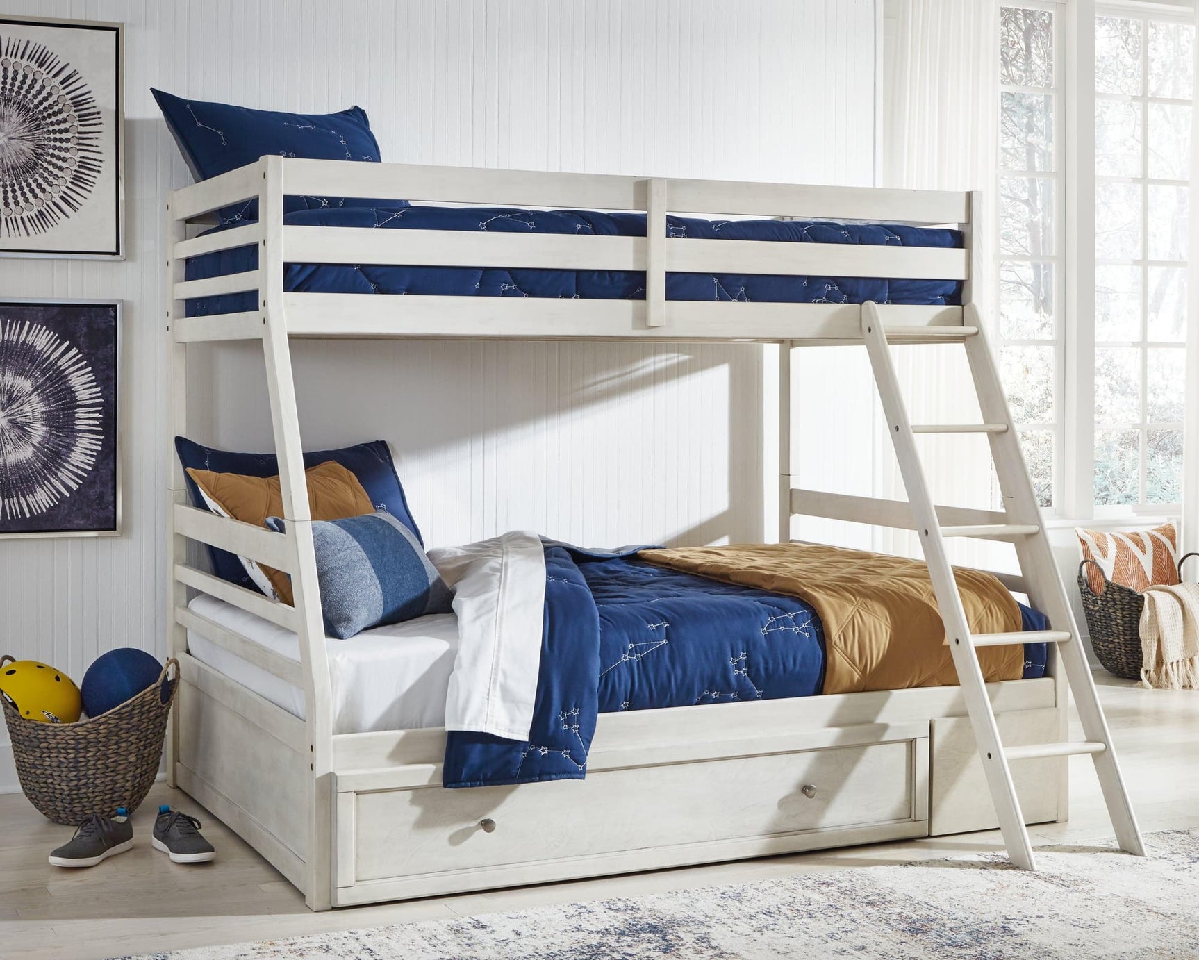 Robbinsdale Antique White Twin Over Full Bunk Bed with Storage front angle