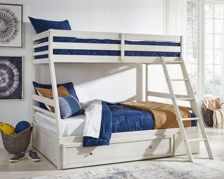 Robbinsdale Antique White Twin Over Full Bunk Bed with Storage front angle