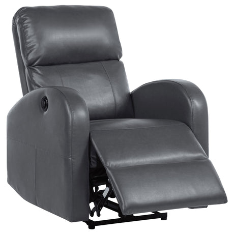 Grant grey upholstered power recliner chair angled view