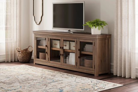 W738-78 TV stand in brown finish showing right side angle
