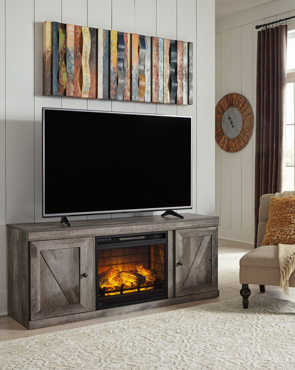 Happy Home 60 inch gray TV stand with built-in electric fireplace front view