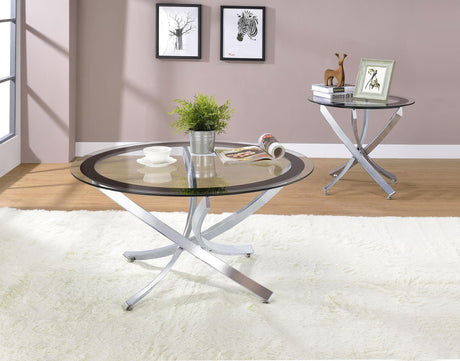Brooke 2-Piece Round Glass Top Coffee Table Set Chrome front angle