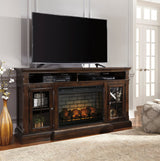 W701-88 TV stand with fireplace, front angle showing tempered glass doors and shelves