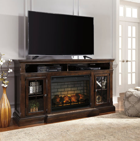 W701-88 TV stand with fireplace, front angle showing tempered glass doors and shelves