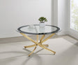Brooke round coffee table with glass top and rose brass metal base, front view