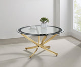 Brooke round coffee table with glass top and rose brass metal base, front view
