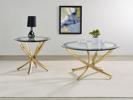 Brooke coffee table with round tempered glass top and brass metal frame