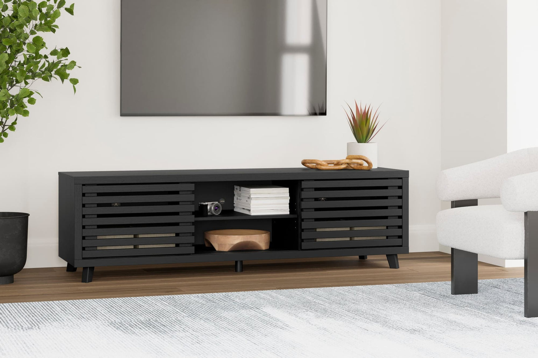 W1013-68 TV stand 72 inch matte black front view with sliding doors