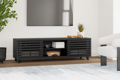 W1013-68 TV stand 72 inch matte black front view with sliding doors