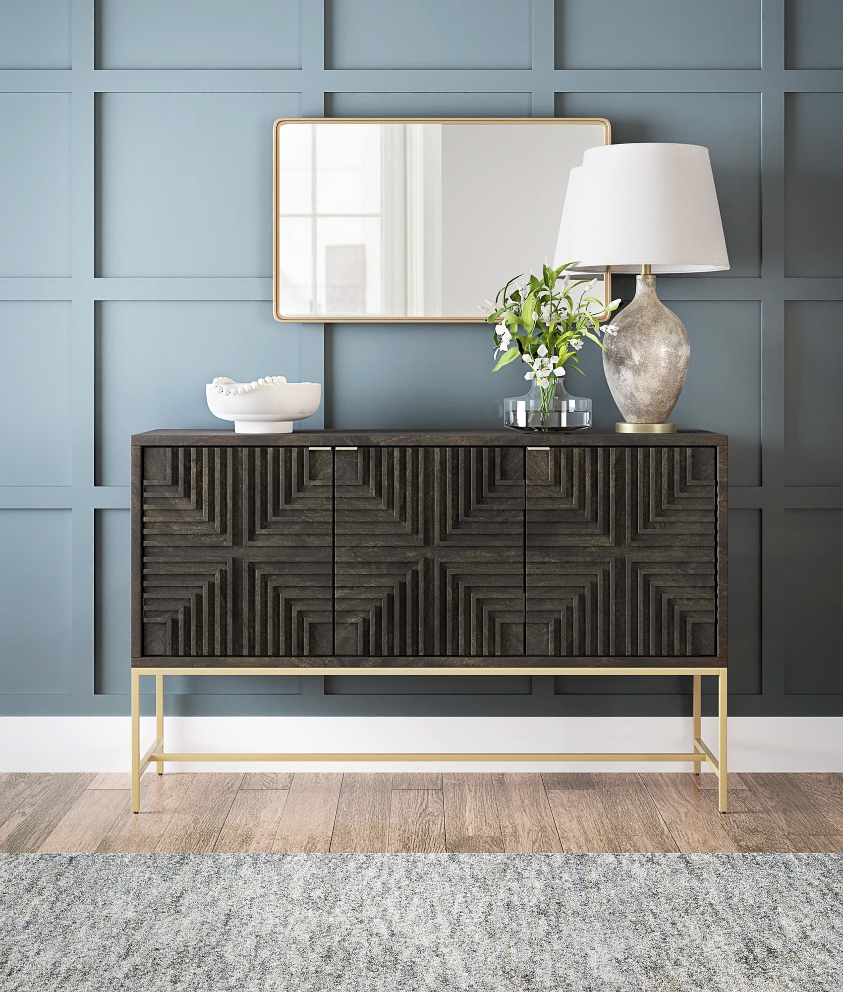 A4000316 Accent Cabinet front view with brown and gold finish