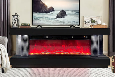Front view of A89 glass TV stand with built-in electric fireplace