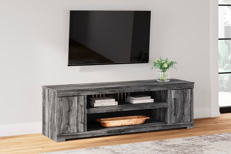 W221-868 73-inch gray TV stand front view with Belmar woven pattern