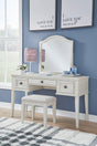 Robbinsdale antique white mirrored vanity with cushioned bench front angle