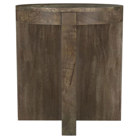 Kinkaid round solid mango wood end table with brown finish, front view